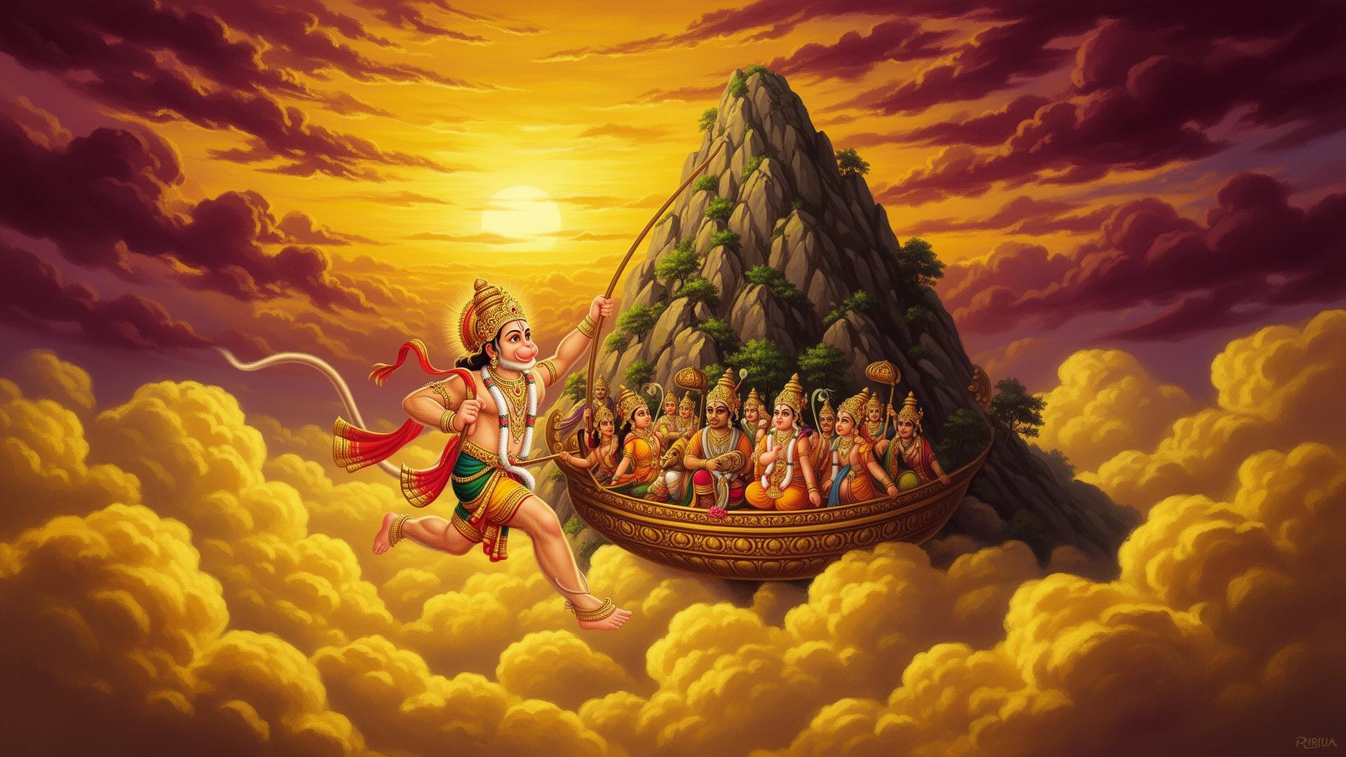 Hanuman flying to Lanka with the Sanjeevani mountain