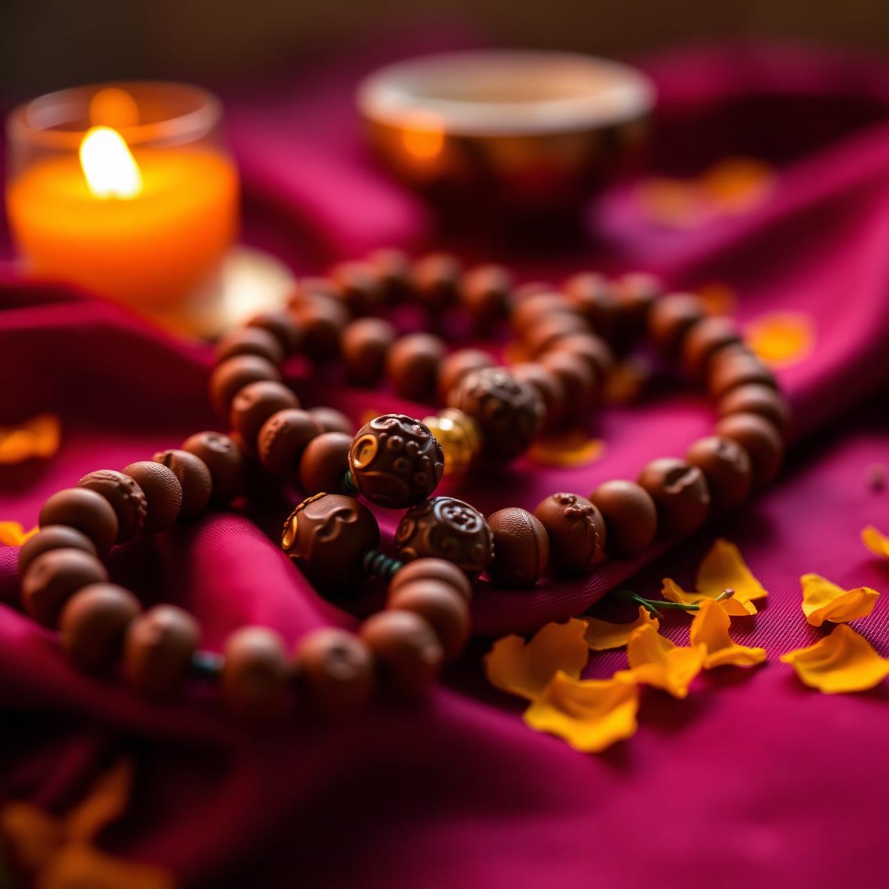Sacred prayer mala with marigold petals